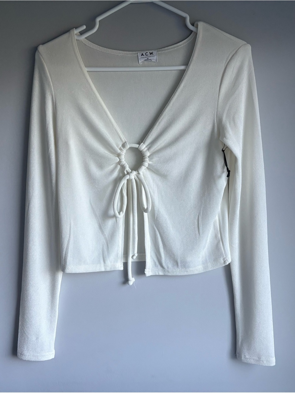 Cream Long-Sleeve Ring-Tie Crop Top